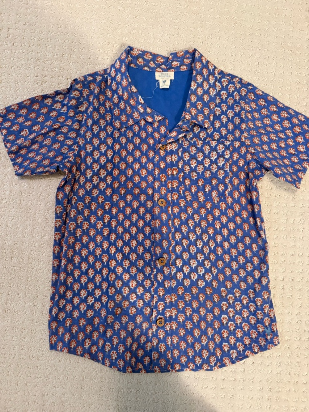 Pink Chicken Blue Short-Sleeve Button-Down Shirt with Orange Print